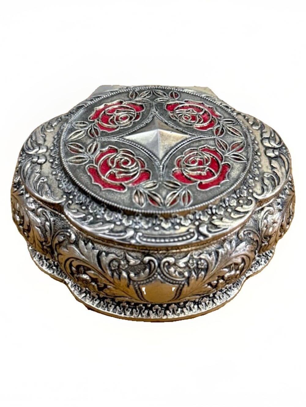 Vintage Silver Metal Trinket Jewelry Box  Red Velvet Lined Japan 1960s